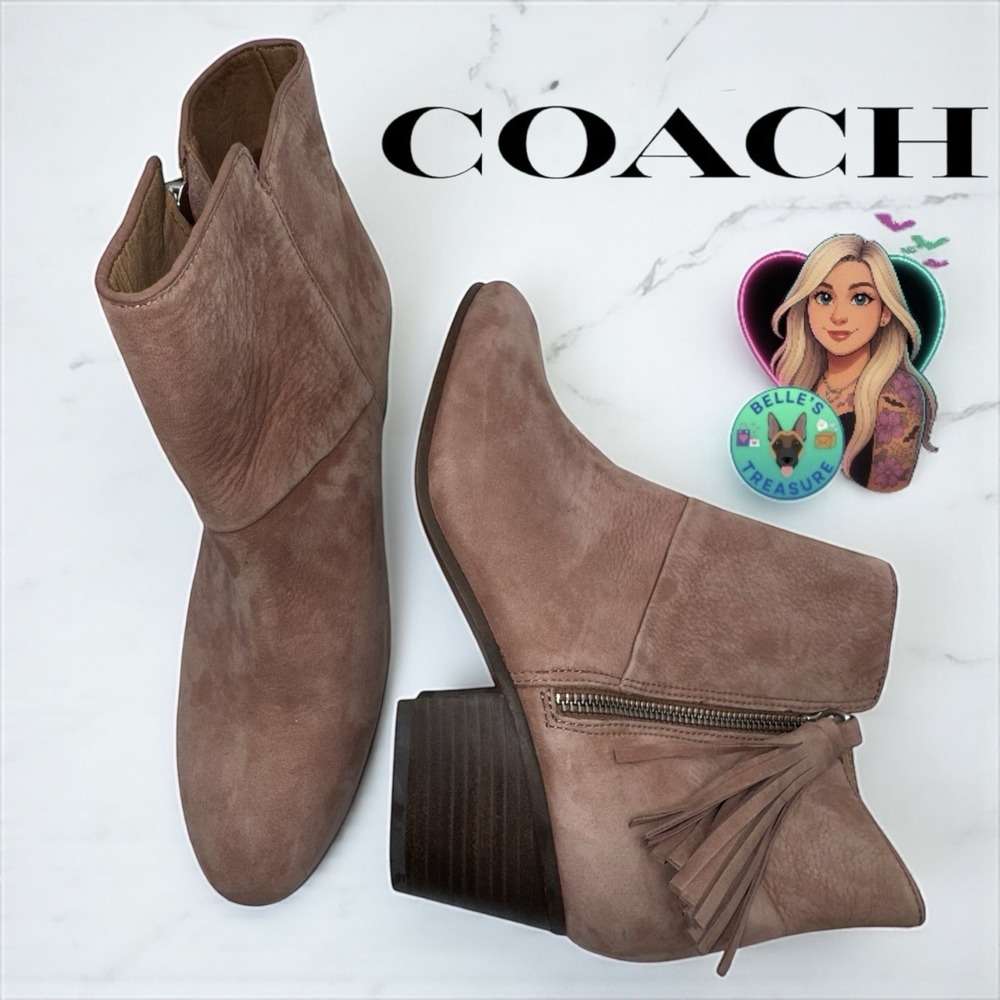 Coach Pricilla Womens Bootie 8.5B‎ Brown Nubuck Tassel Block Heel Ankle Boots